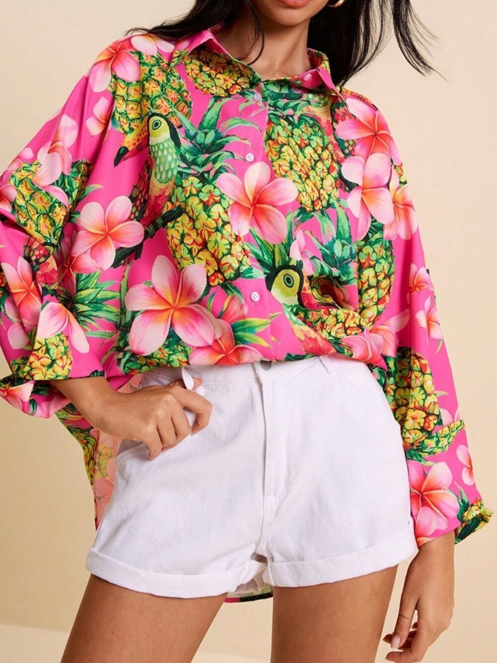 Multicolor Boho Women's Tropical Loose Fit Floral Pineapple Shirt - Picture 6 of 8